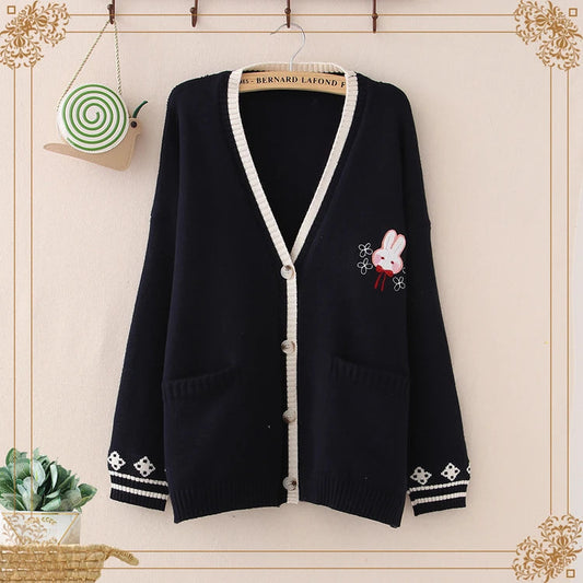kawaiies-softtoys-plushies-kawaii-plush-Cute Bunny Long Sleeve Knitted Pink Cream Black Cardigans Tops Apparel Navy