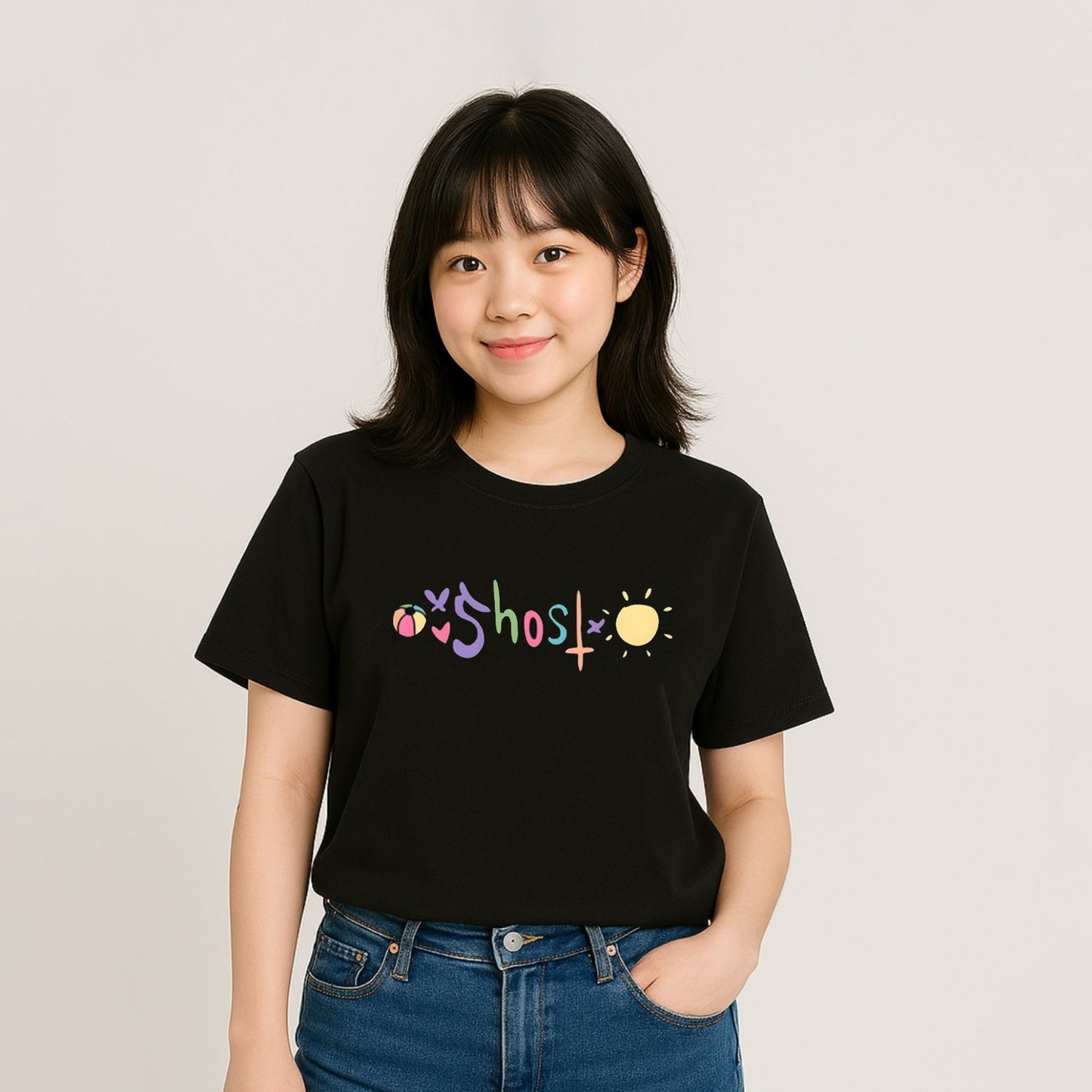 kawaiies-softtoys-plushies-kawaii-plush-Cute Ghost Band Illustration Unisex Tee Apparel Black XS