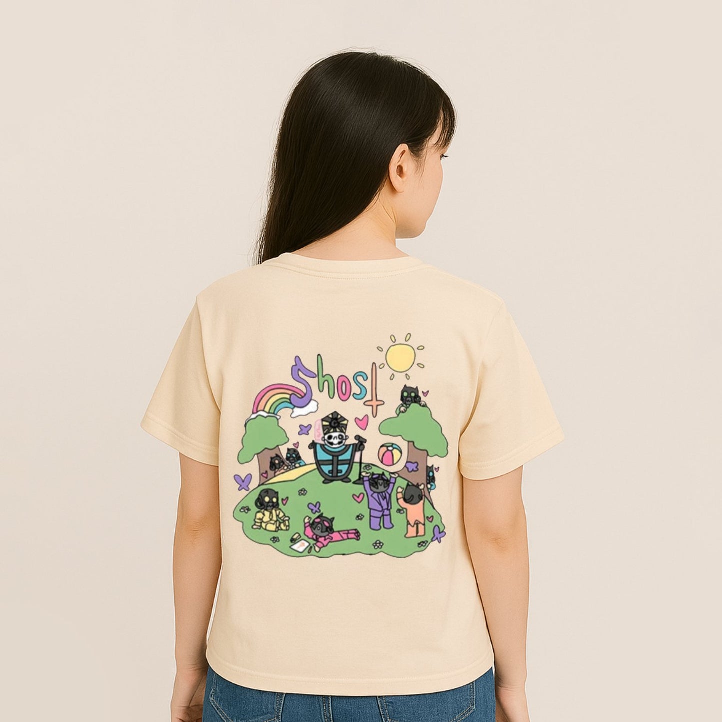 kawaiies-softtoys-plushies-kawaii-plush-Cute Ghost Band Illustration Unisex Tee Apparel Cream XS