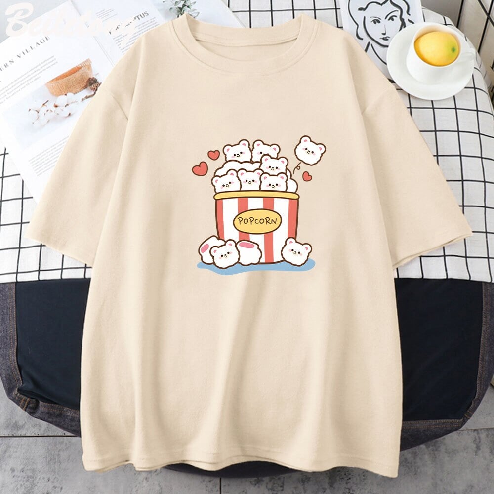 kawaiies-softtoys-plushies-kawaii-plush-Cute Kawaii White Bear Popcorn Unisex Tee Apparel Cream XS