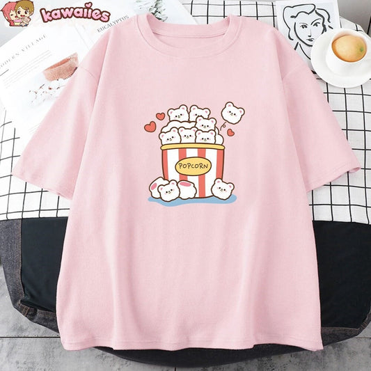 kawaiies-softtoys-plushies-kawaii-plush-Cute Kawaii White Bear Popcorn Unisex Tee Apparel Pink XS