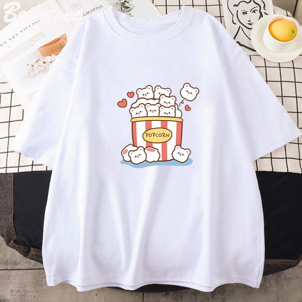 kawaiies-softtoys-plushies-kawaii-plush-Cute Kawaii White Bear Popcorn Unisex Tee Apparel White XS
