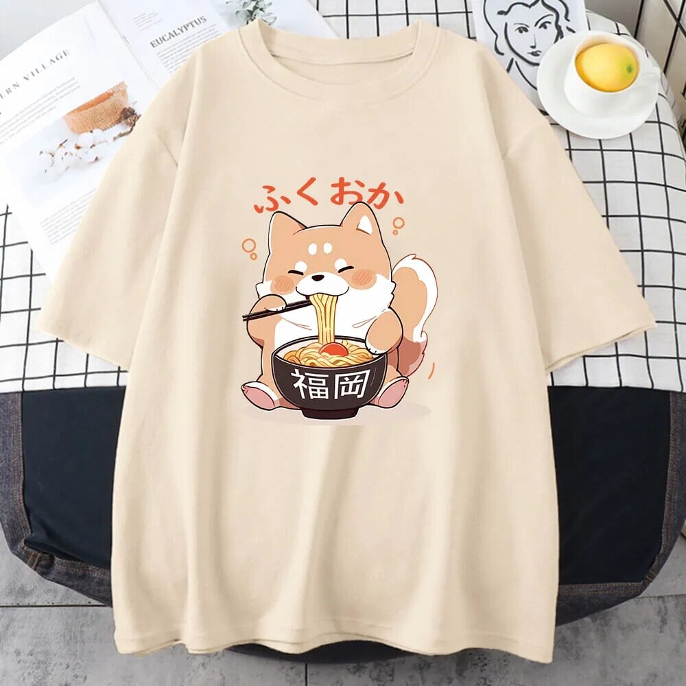 kawaiies-softtoys-plushies-kawaii-plush-Cute Shiba Inu Slurping Ramen Unisex Tee Apparel Cream XS