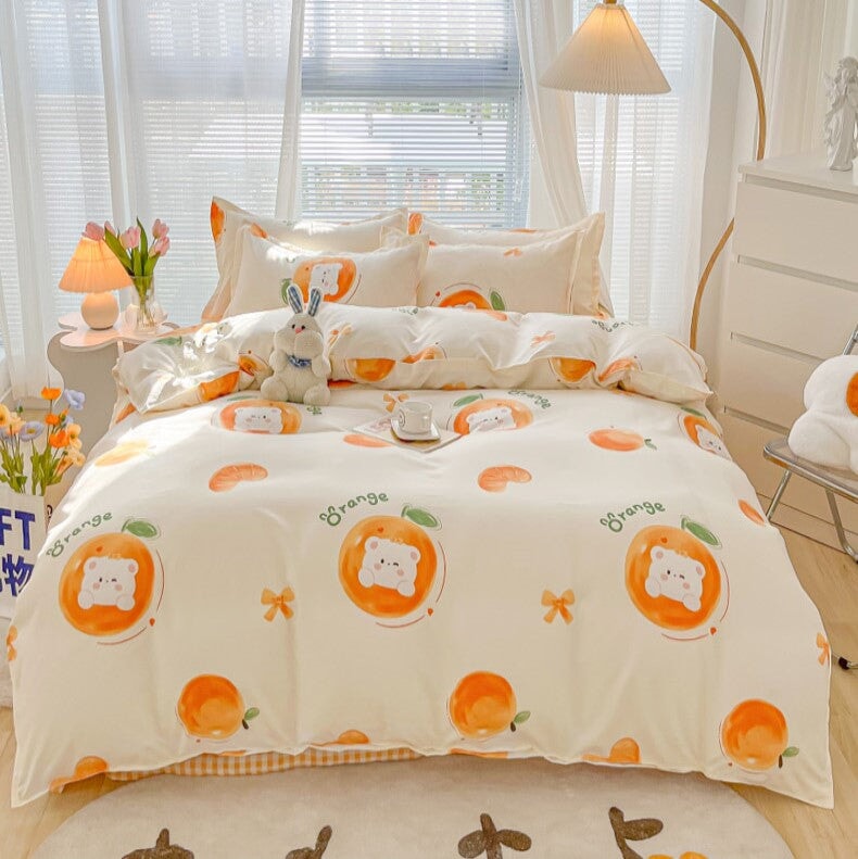 kawaiies-softtoys-plushies-kawaii-plush-Cute White Bears Blue Orange 120gsm Polyester Bedding Sets Bedding Sets Cream Bear Single 