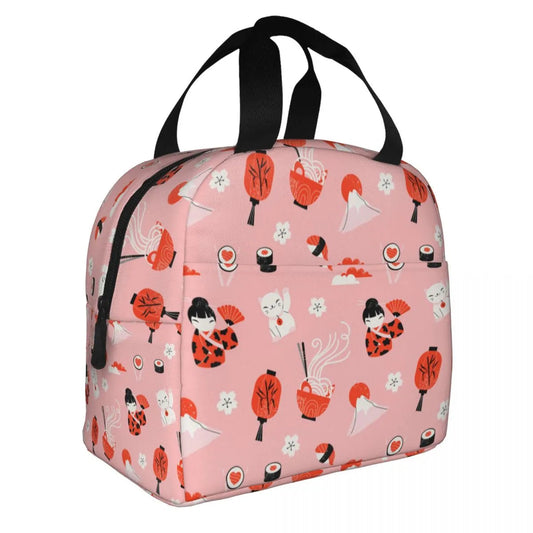 kawaiies-softtoys-plushies-kawaii-plush-Dozens of Japanese Kokeshi Doll Lunch Bag | NEW Bag Pink