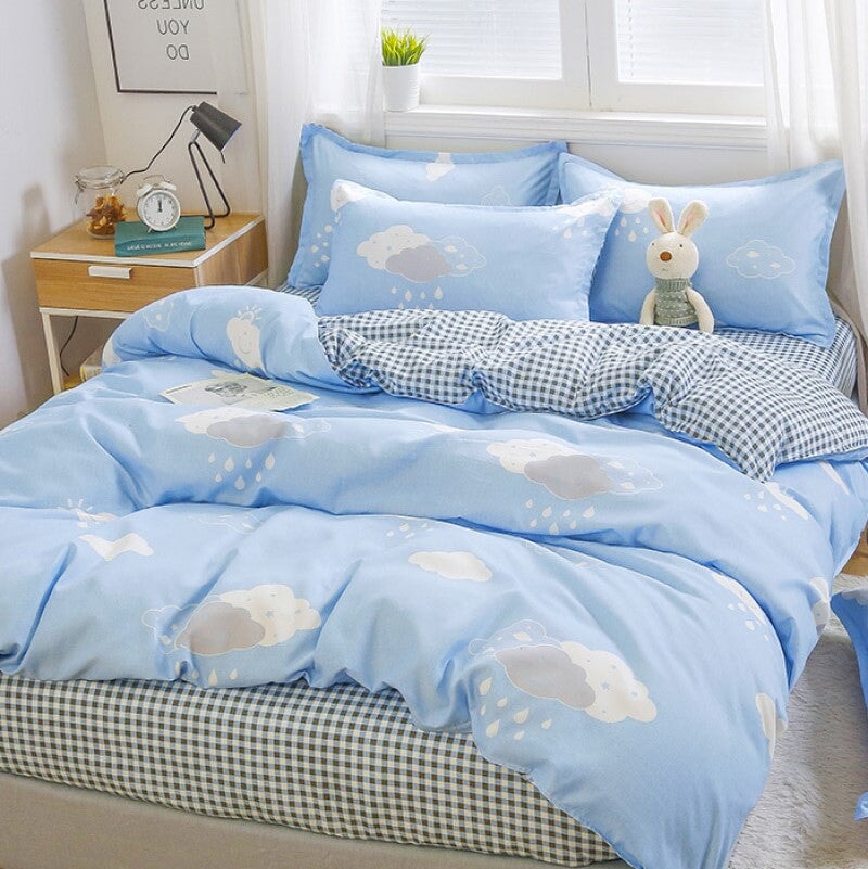 kawaiies-softtoys-plushies-kawaii-plush-Dreamy Blue Clouds Checked 120gsm Polyester Bedding Set Bedding Sets