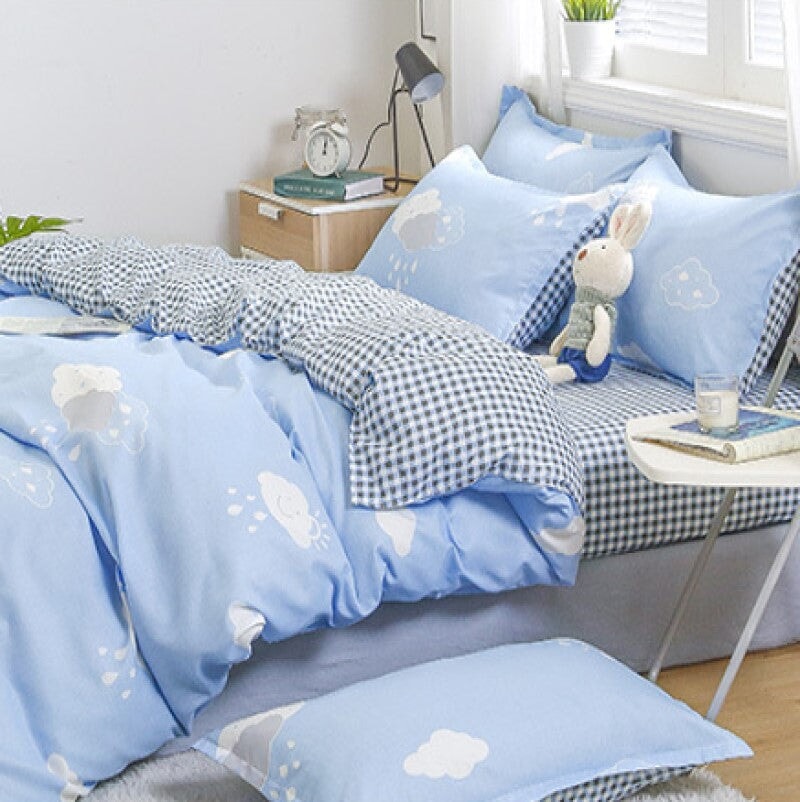 kawaiies-softtoys-plushies-kawaii-plush-Dreamy Blue Clouds Checked 120gsm Polyester Bedding Set Bedding Sets