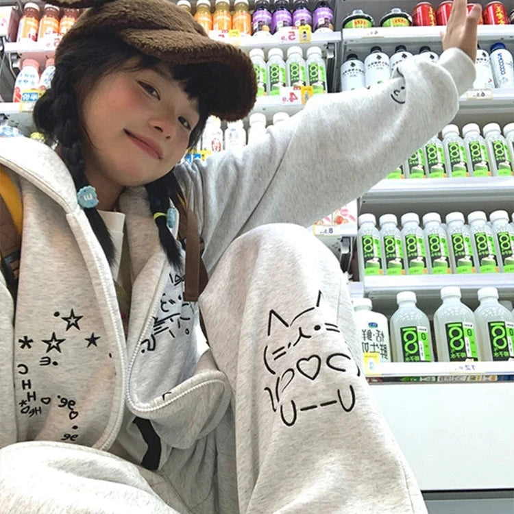 kawaiies-softtoys-plushies-kawaii-plush-Embroidered Cat Emoji Zipped Hoodie Apparel