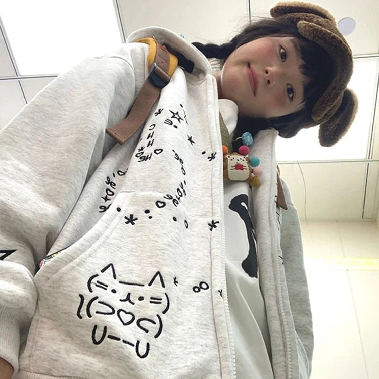 kawaiies-softtoys-plushies-kawaii-plush-Embroidered Cat Emoji Zipped Hoodie Apparel