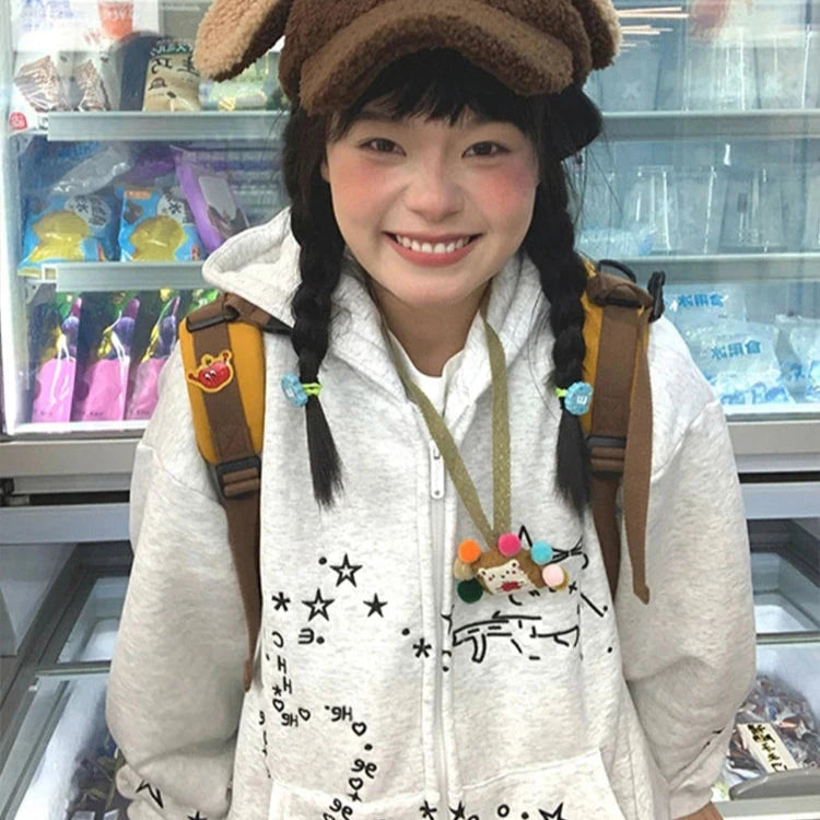 kawaiies-softtoys-plushies-kawaii-plush-Embroidered Cat Emoji Zipped Hoodie Apparel