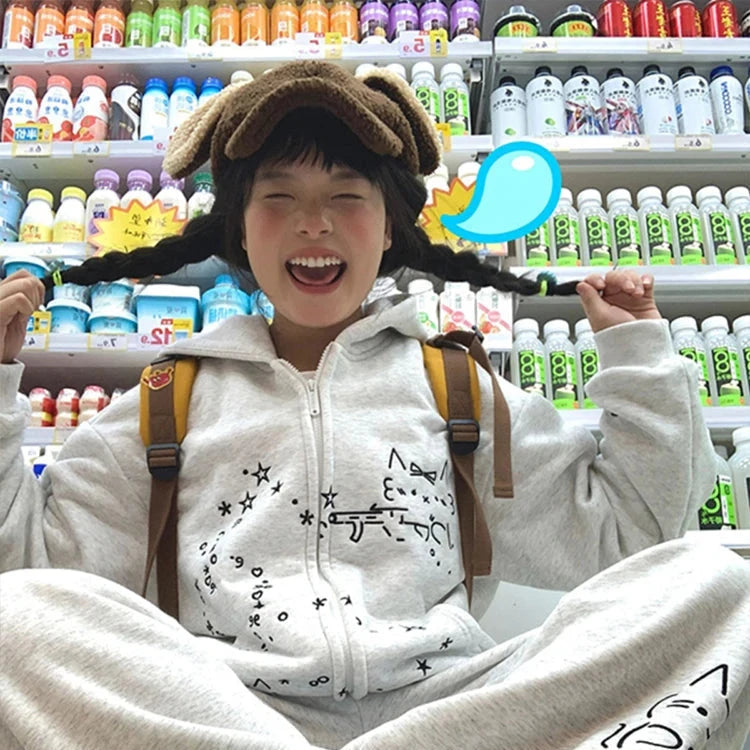 kawaiies-softtoys-plushies-kawaii-plush-Embroidered Cat Emoji Zipped Hoodie Apparel