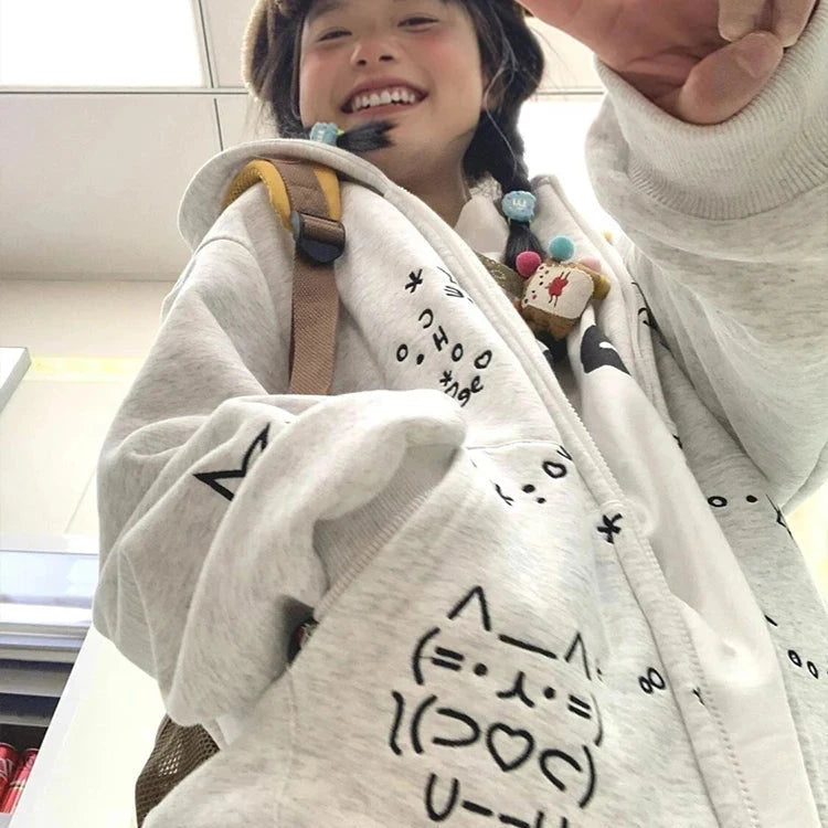 kawaiies-softtoys-plushies-kawaii-plush-Embroidered Cat Emoji Zipped Hoodie Apparel Thick M