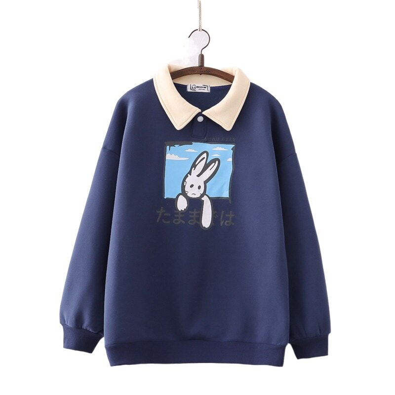 kawaiies-softtoys-plushies-kawaii-plush-Farewell Bunny Polo Sweatshirt Sweatshirt Navy