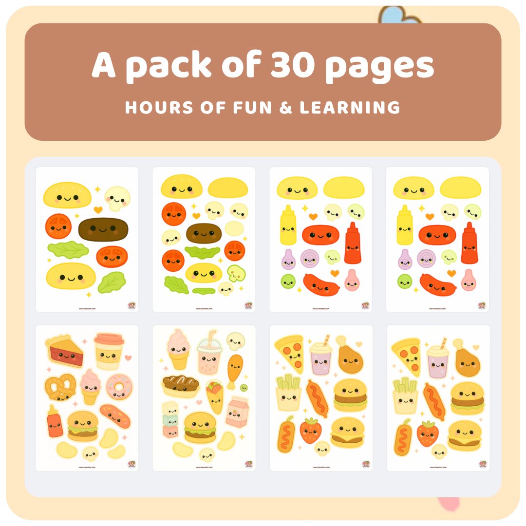 kawaiies-softtoys-plushies-kawaii-plush-Fast Food Cut & Glue Activity – Kawaii Printable Craft for Kids (30 Pages) Cut & Glue