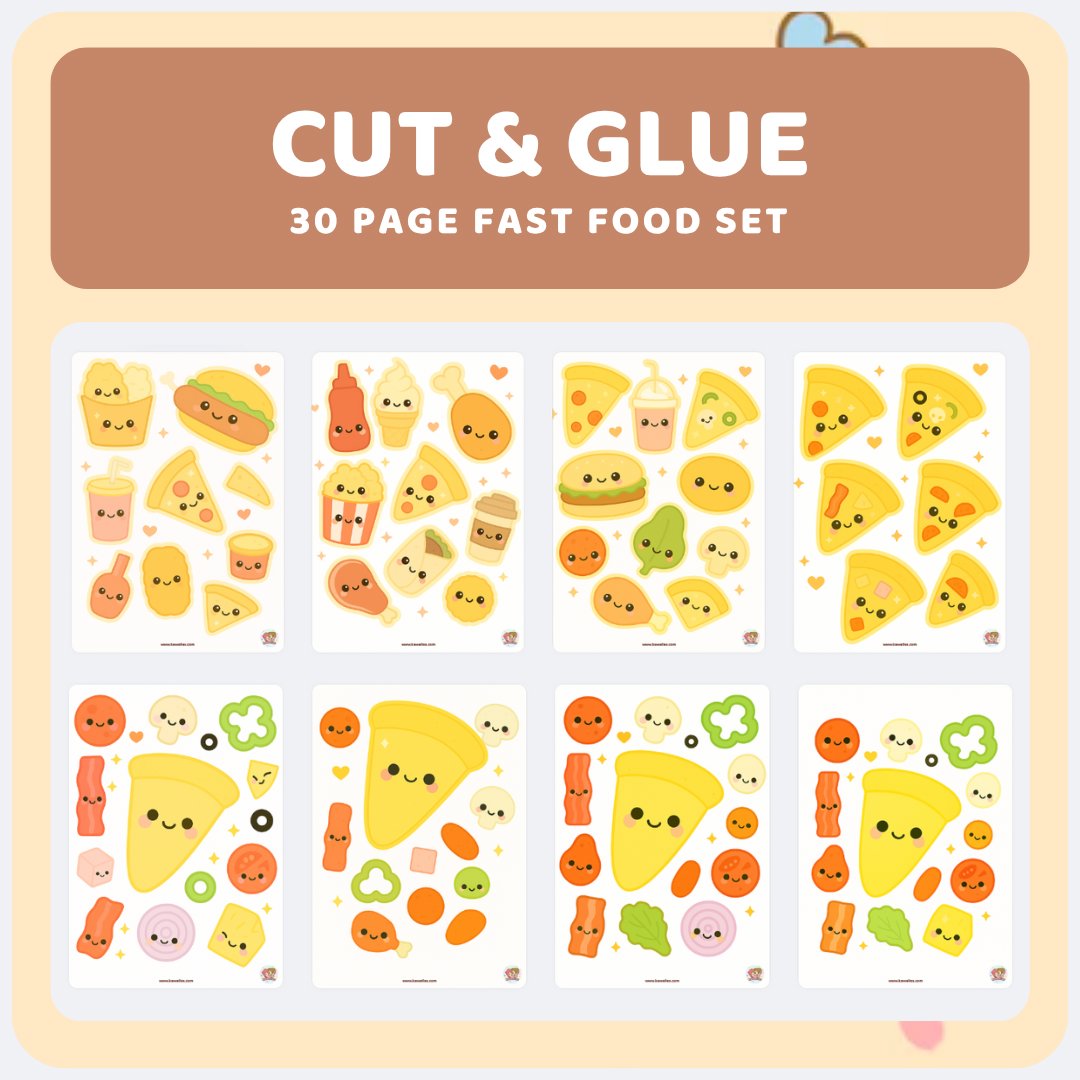 kawaiies-softtoys-plushies-kawaii-plush-Fast Food Cut & Glue Activity – Kawaii Printable Craft for Kids (30 Pages) Cut & Glue