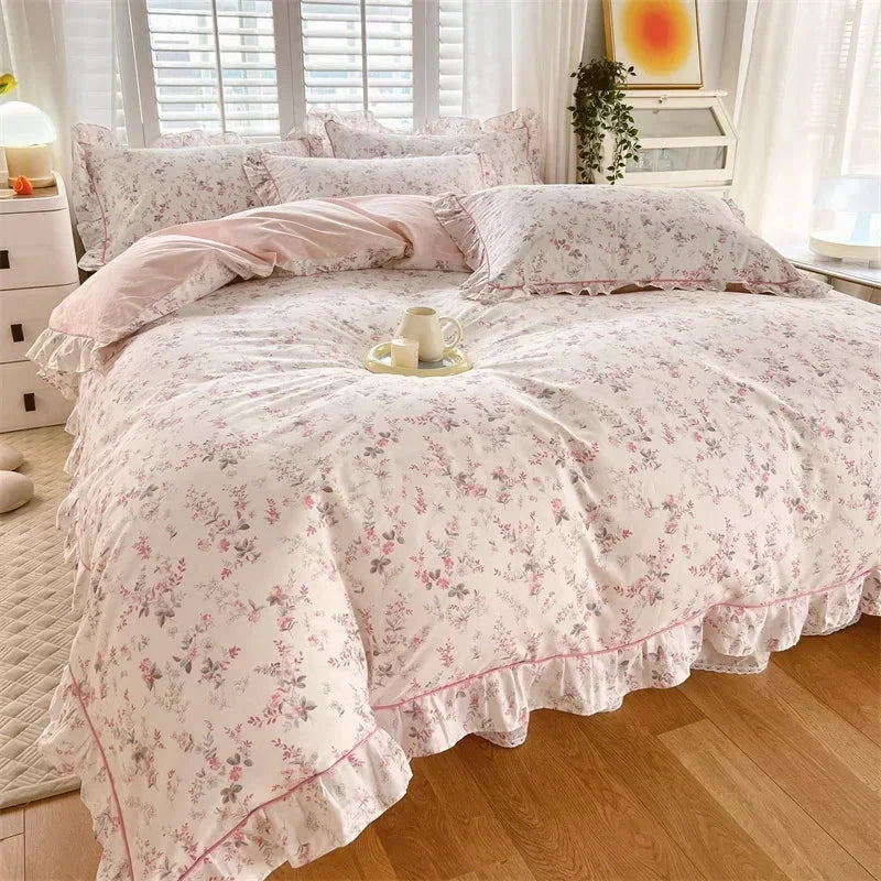 kawaiies-softtoys-plushies-kawaii-plush-Floral Pink Ruffles 100% Cotton 3pc Bedding Set Home Decor Purple Single