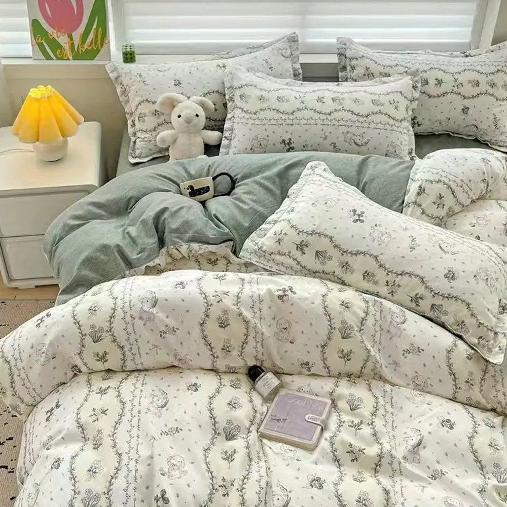 kawaiies-softtoys-plushies-kawaii-plush-Floral Sage Green & Cream Botanical Print Bedding Set Home Decor