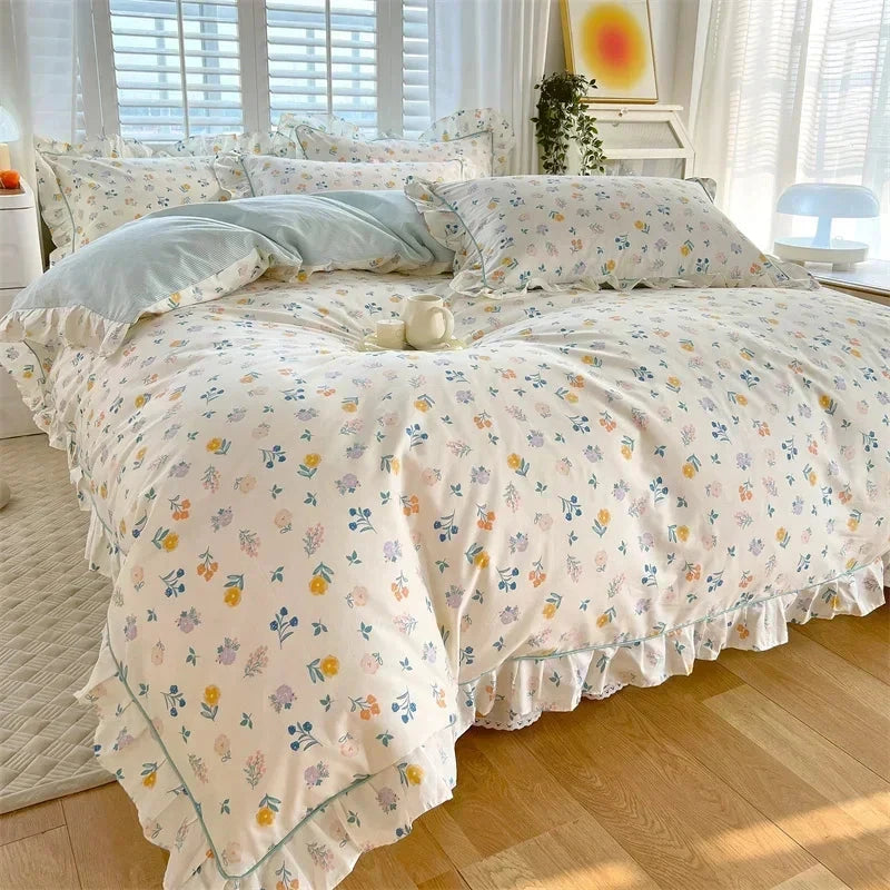 kawaiies-softtoys-plushies-kawaii-plush-Floral White Blue Ruffles 100% Cotton 3pc Bedding Set Home Decor Light Blue Single