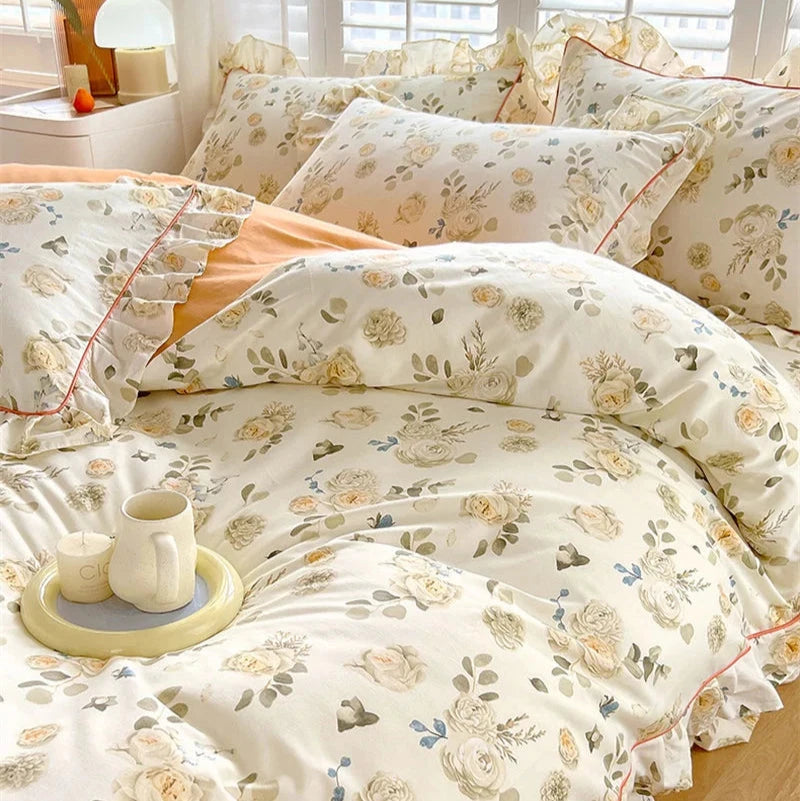 kawaiies-softtoys-plushies-kawaii-plush-Floral Yellow Green Ruffles 100% Cotton 3pc Bedding Set Home Decor