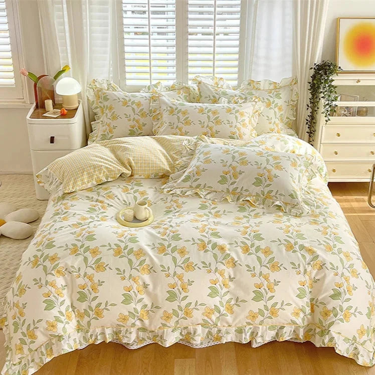 kawaiies-softtoys-plushies-kawaii-plush-Floral Yellow Green Ruffles 100% Cotton 3pc Bedding Set Home Decor