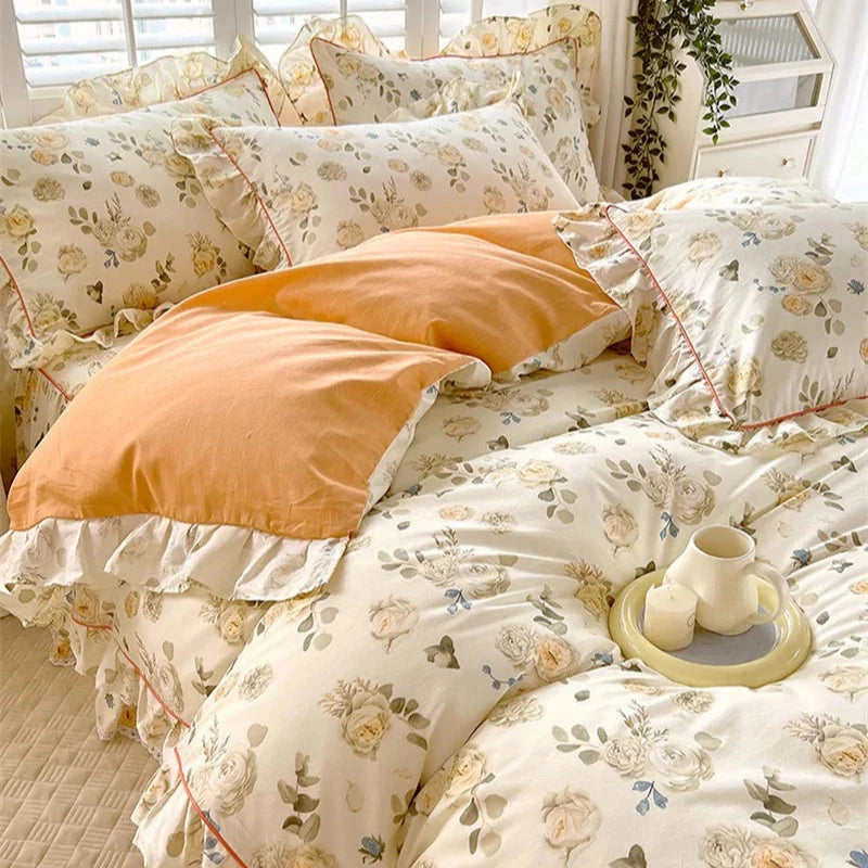 kawaiies-softtoys-plushies-kawaii-plush-Floral Yellow Green Ruffles 100% Cotton 3pc Bedding Set Home Decor