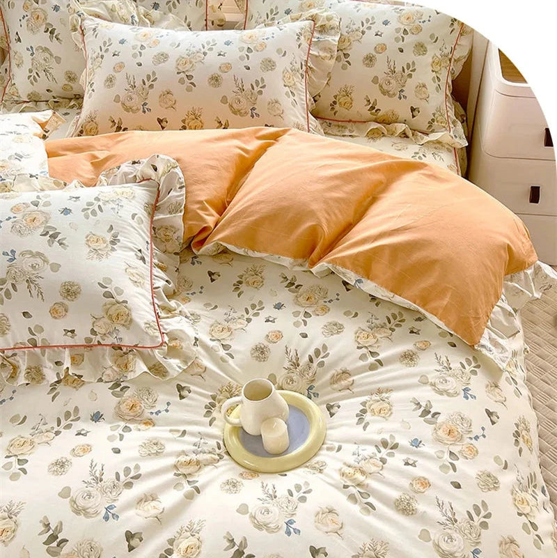 kawaiies-softtoys-plushies-kawaii-plush-Floral Yellow Green Ruffles 100% Cotton 3pc Bedding Set Home Decor