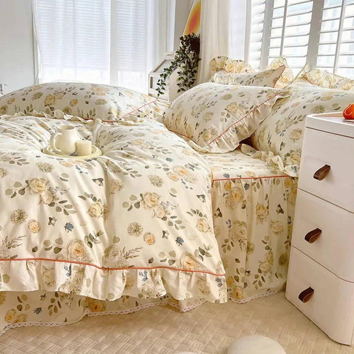 kawaiies-softtoys-plushies-kawaii-plush-Floral Yellow Green Ruffles 100% Cotton 3pc Bedding Set Home Decor