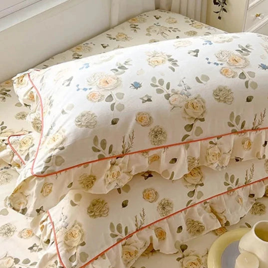 kawaiies-softtoys-plushies-kawaii-plush-Floral Yellow Green Ruffles 100% Cotton 3pc Bedding Set Home Decor