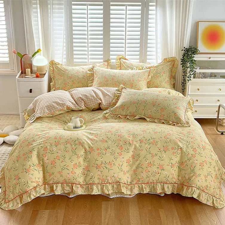 kawaiies-softtoys-plushies-kawaii-plush-Floral Yellow Green Ruffles 100% Cotton 3pc Bedding Set Home Decor
