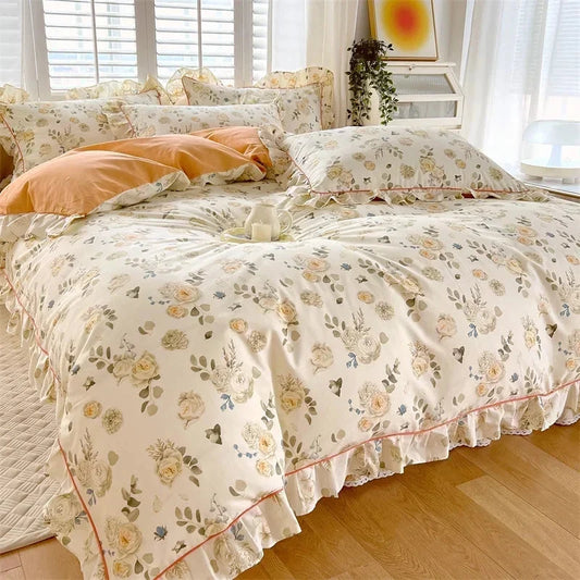 kawaiies-softtoys-plushies-kawaii-plush-Floral Yellow Green Ruffles 100% Cotton 3pc Bedding Set Home Decor Cream Orange Single