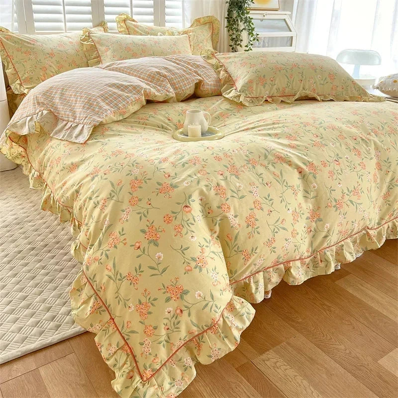 kawaiies-softtoys-plushies-kawaii-plush-Floral Yellow Green Ruffles 100% Cotton 3pc Bedding Set Home Decor Pistastico Orange Single