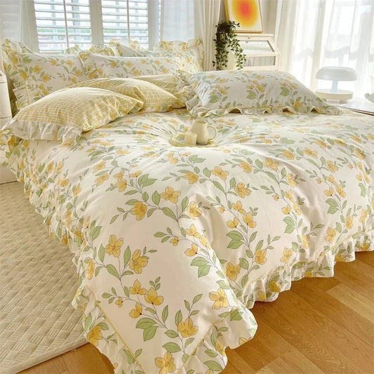 kawaiies-softtoys-plushies-kawaii-plush-Floral Yellow Green Ruffles 100% Cotton 3pc Bedding Set Home Decor Pistastico Yellow Single