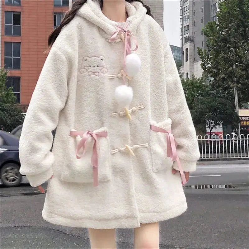 kawaiies-softtoys-plushies-kawaii-plush-Fluffy Cream Pom-Pom Bear Hooded Women's Fleece Coat Apparel