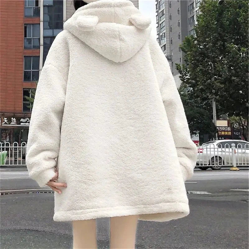 kawaiies-softtoys-plushies-kawaii-plush-Fluffy Cream Pom-Pom Bear Hooded Women's Fleece Coat Apparel