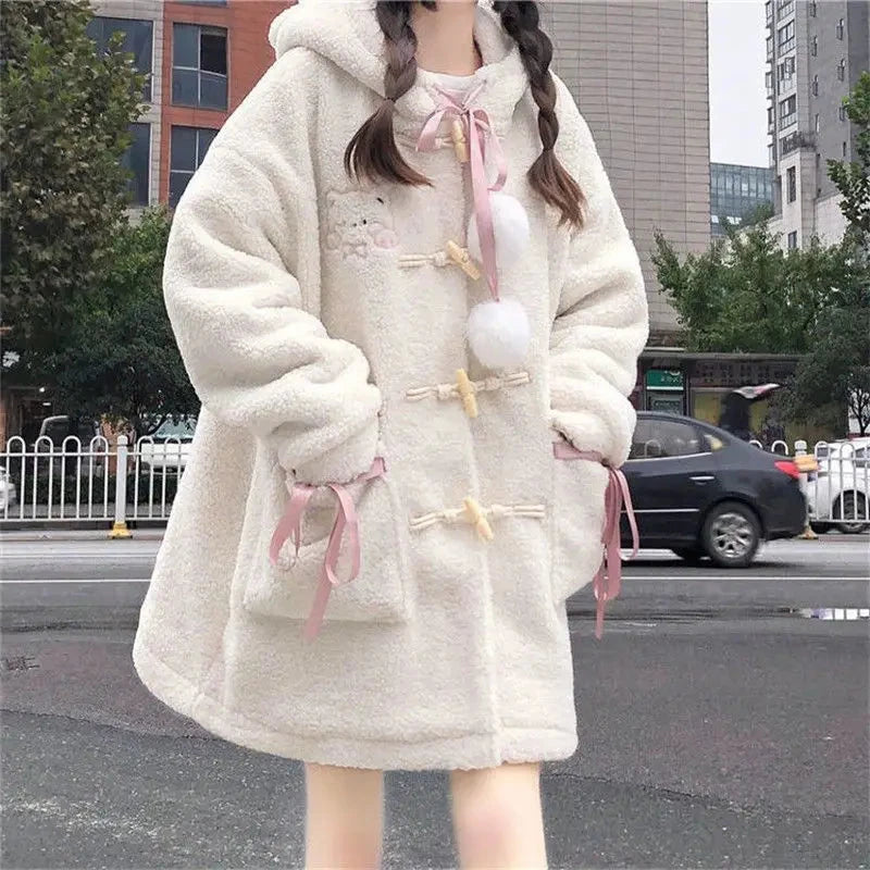 kawaiies-softtoys-plushies-kawaii-plush-Fluffy Cream Pom-Pom Bear Hooded Women's Fleece Coat Apparel
