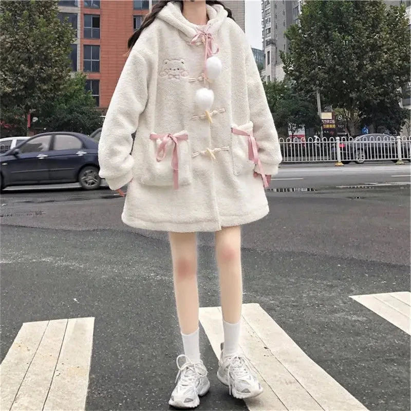 kawaiies-softtoys-plushies-kawaii-plush-Fluffy Cream Pom-Pom Bear Hooded Women's Fleece Coat Apparel
