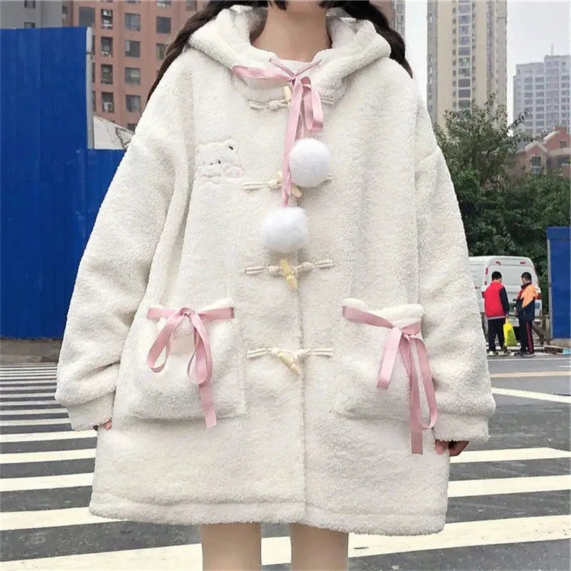 kawaiies-softtoys-plushies-kawaii-plush-Fluffy Cream Pom-Pom Bear Hooded Women's Fleece Coat Apparel