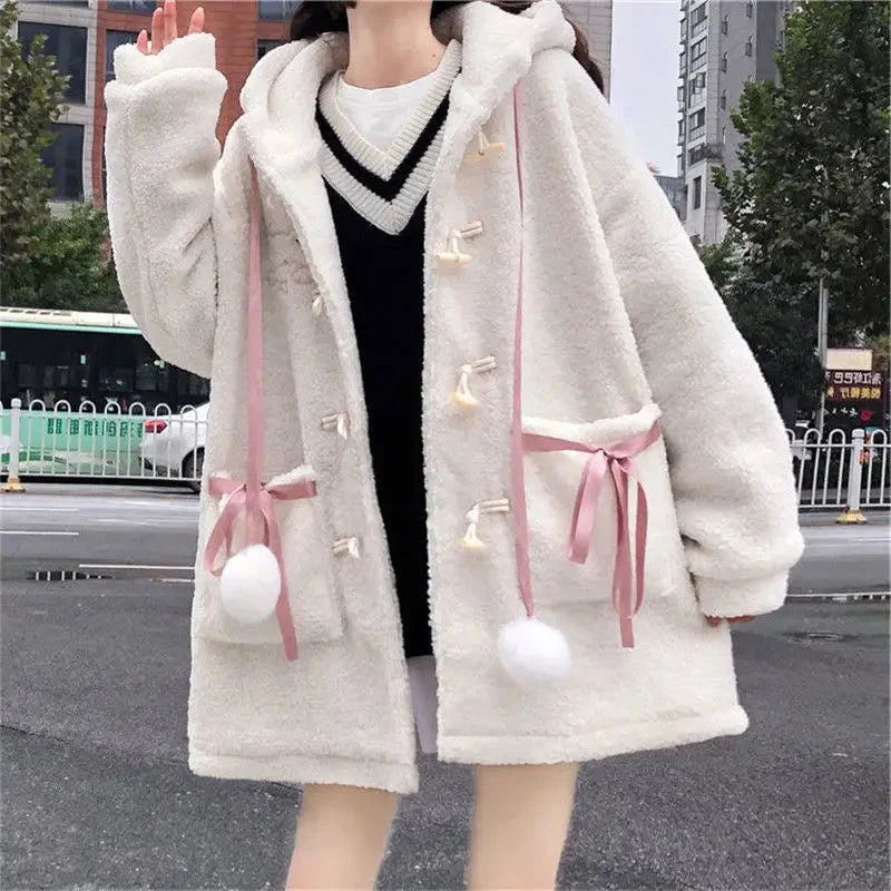 kawaiies-softtoys-plushies-kawaii-plush-Fluffy Cream Pom-Pom Bear Hooded Women's Fleece Coat Apparel