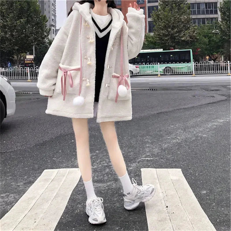 kawaiies-softtoys-plushies-kawaii-plush-Fluffy Cream Pom-Pom Bear Hooded Women's Fleece Coat Apparel
