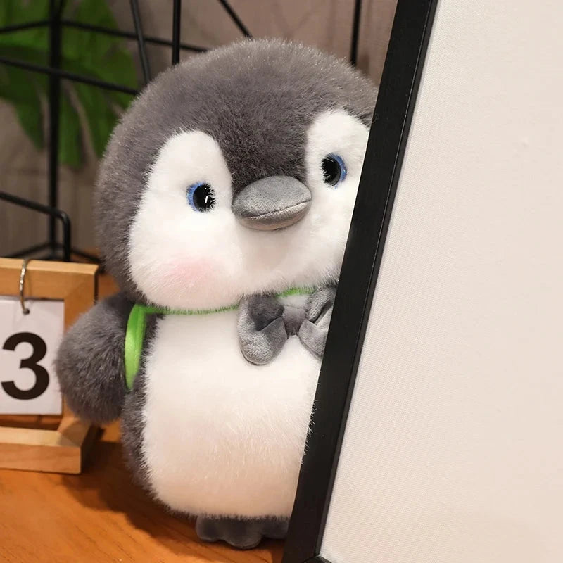 kawaiies-softtoys-plushies-kawaii-plush-Fluffy Gray Penguin Plushie with Turtle Backpack Soft toy