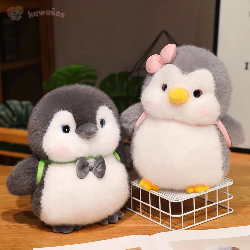 kawaiies-softtoys-plushies-kawaii-plush-Fluffy Gray Penguin Plushie with Turtle Backpack Soft toy