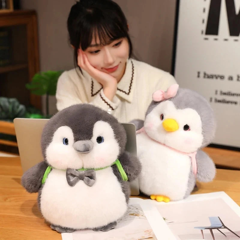 kawaiies-softtoys-plushies-kawaii-plush-Fluffy Gray Penguin Plushie with Turtle Backpack Soft toy