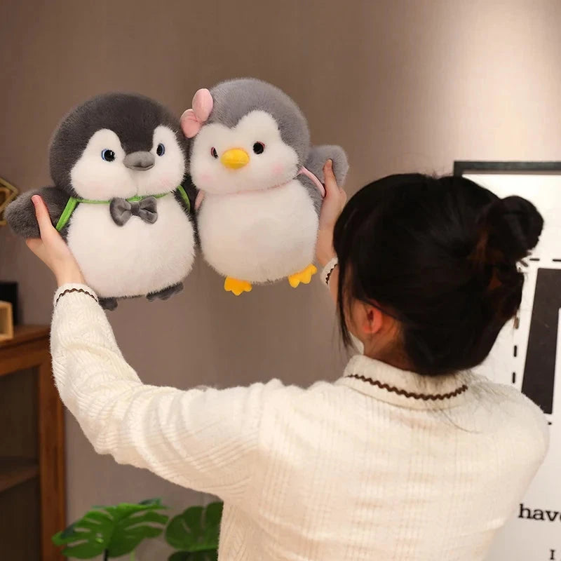 kawaiies-softtoys-plushies-kawaii-plush-Fluffy Gray Penguin Plushie with Turtle Backpack Soft toy