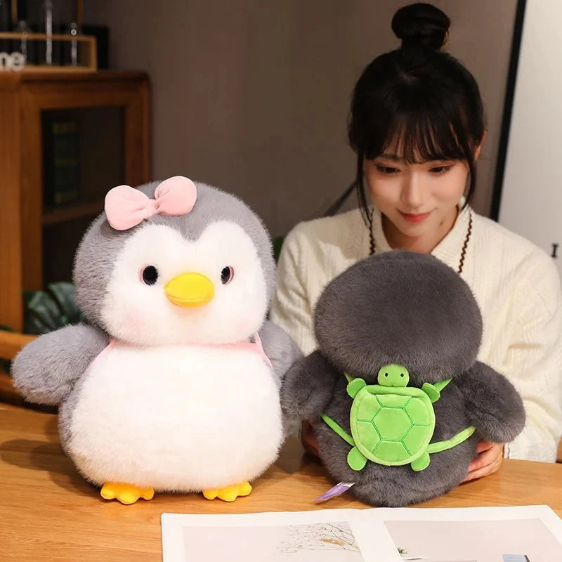 kawaiies-softtoys-plushies-kawaii-plush-Fluffy Gray Penguin Plushie with Turtle Backpack Soft toy
