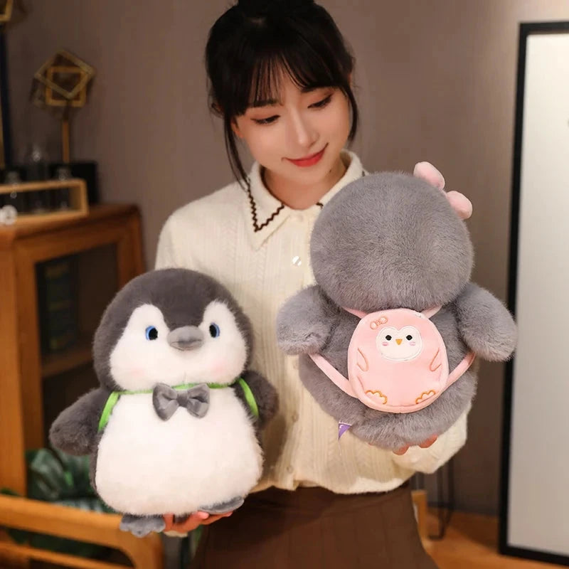kawaiies-softtoys-plushies-kawaii-plush-Fluffy Gray Penguin Plushie with Turtle Backpack Soft toy