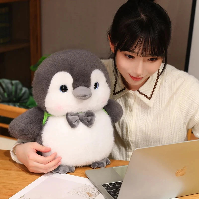 kawaiies-softtoys-plushies-kawaii-plush-Fluffy Gray Penguin Plushie with Turtle Backpack Soft toy