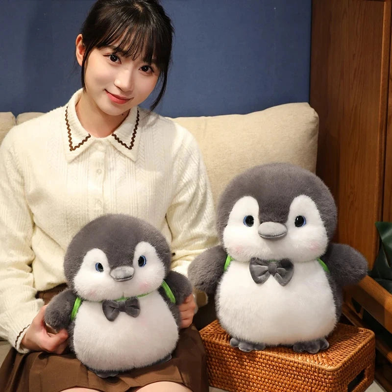 kawaiies-softtoys-plushies-kawaii-plush-Fluffy Gray Penguin Plushie with Turtle Backpack Soft toy