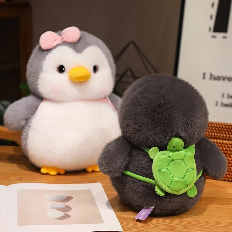 kawaiies-softtoys-plushies-kawaii-plush-Fluffy Gray Penguin Plushie with Turtle Backpack Soft toy