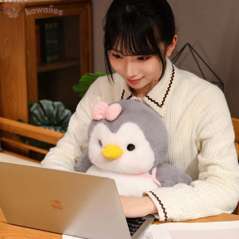 kawaiies-softtoys-plushies-kawaii-plush-Fluffy Gray Penguin Plushie with Turtle Backpack Soft toy