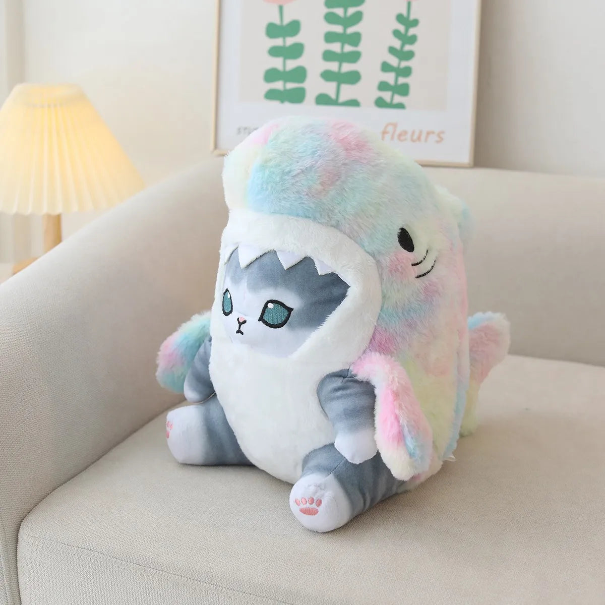 kawaiies-softtoys-plushies-kawaii-plush-Fluffy Kawaii Ginger Gray Shark Cat Plushies Soft toy Gray (Rainbow) 20cm